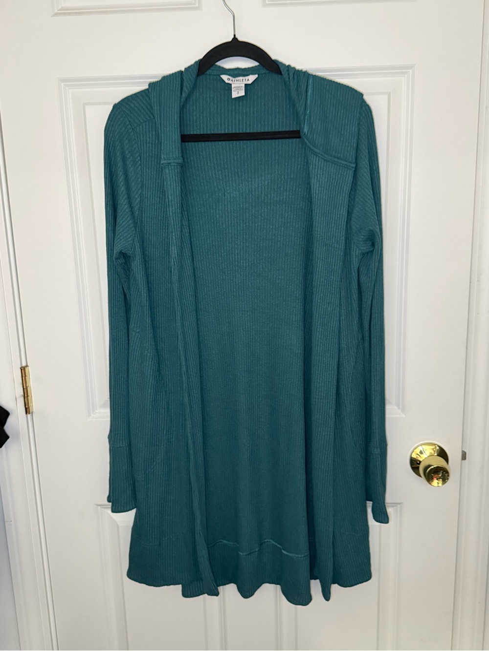 Athleta Teal Ribbed Open-Front Hooded Sweater